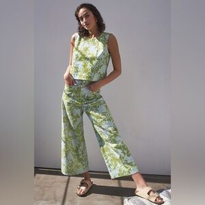Anthropologie Maeve London Wide-Leg Pants Green Blue Floral
